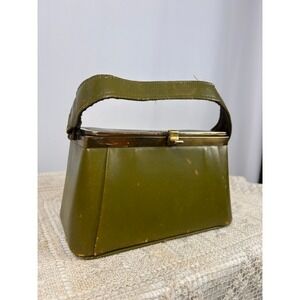 Vintage Olive Green Structured Handbag — Mid-Century Box Purse with Brass Frame